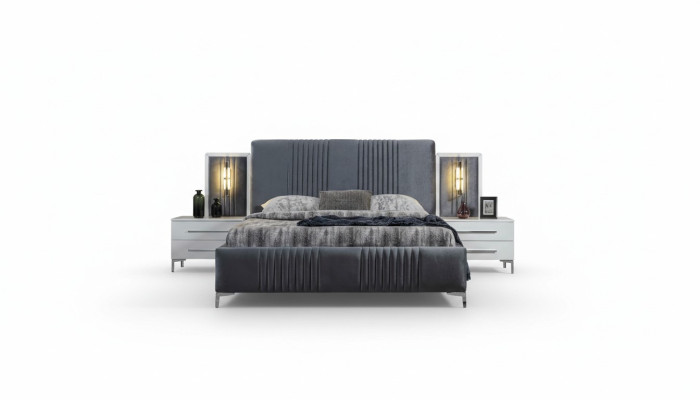 Letto matrimoniale grigio moderno con 2 comodini in legno, camera da letto assortita.