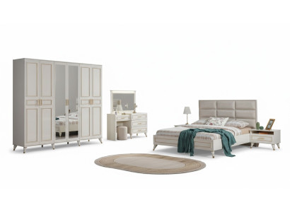 Camera da letto, letto matrimoniale di design, lussuoso tavolo da toeletta, sgabello pregiato, set da 7 pezzi.