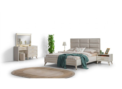 Grande set camera da letto con letto matrimoniale, toeletta, sgabello, specchio - 6 pezzi.