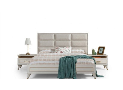 Set di biancheria da letto bianca, letto matrimoniale imbottito, 2 comodini in legno, 3 pezzi.