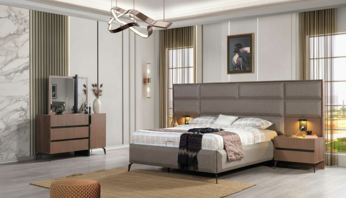 Grigio-marrone letto matrimoniale Esclusivo set camera da letto comò specchio 5 pezzi