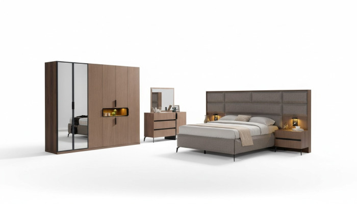 Mobili da camera da letto in legno marrone, letto tessile, comodini, cassettiera, armadio.