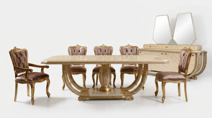 Set da sala da pranzo classico. Tavolo da pranzo raffinato, 4 sedie, credenza, vetrina, 8 pezzi.