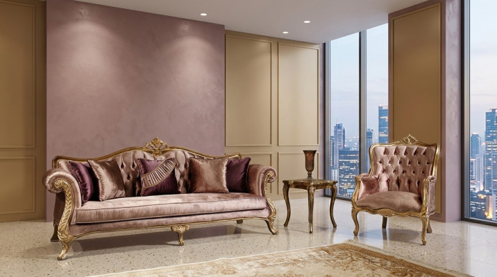 Classico set di divani Chesterfield rosa, divano a 3 posti, tavolino e poltrona
