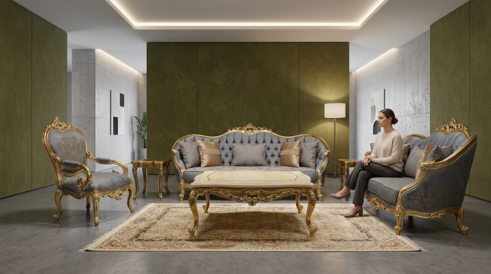 Classici divani grigi da soggiorno Chesterfield.