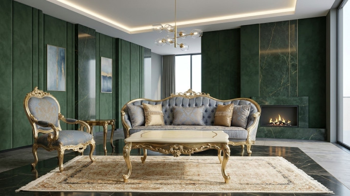 Classici divani grigi da soggiorno Chesterfield.