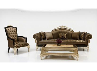 Divani Chesterfield marroni per il soggiorno con tessuto, poltrona a 3 posti e tavolino.