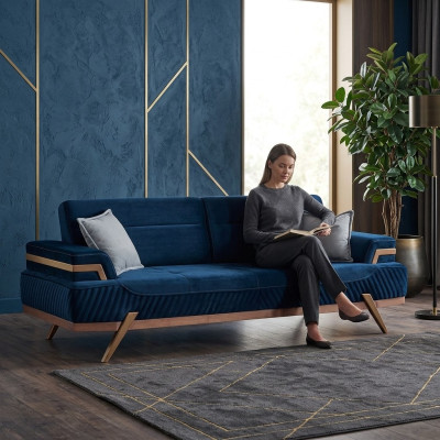 Divano blu scuro, 3 posti in tessuto per il soggiorno, design divano a tre posti.