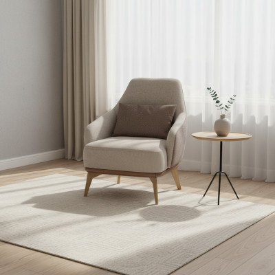Sedia esclusiva da soggiorno in tessuto monoposto design elegante con gambe in legno di stile  Sedia esclusiva per il soggiorno in tessuto monoposto dal design elegante con gambe in legno di stile