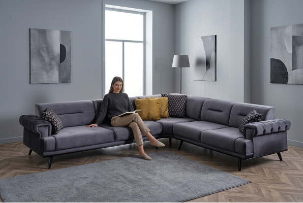 Divano d'angolo grigio esclusivo a L, divano design moderno per soggiorno.