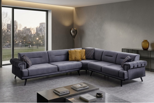 Divano d'angolo grigio esclusivo a L, divano design moderno per soggiorno.