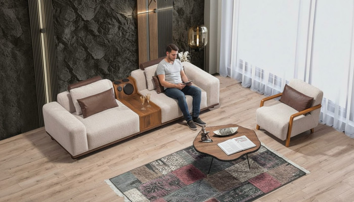 Divano esclusivo color beige a due posti per il soggiorno, moderno divano a due posti
