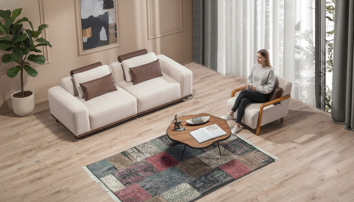 Soggiorno beige Set divano esclusivo Poltrona tessile a 2 posti Arredamento imbottito  "Salotto beige Set divano esclusivo Poltrona tessile a 2 posti Arredamento imbottito"