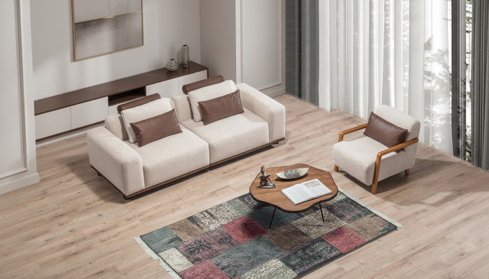 Soggiorno beige Set divano esclusivo Poltrona tessile a 2 posti Arredamento imbottito  "Salotto beige Set divano esclusivo Poltrona tessile a 2 posti Arredamento imbottito"