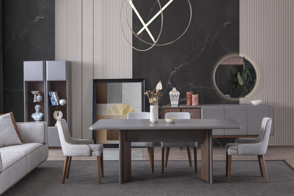 Set da pranzo composto da tavolo da pranzo 4 sedie e credenza con specchio 7 pezzi.