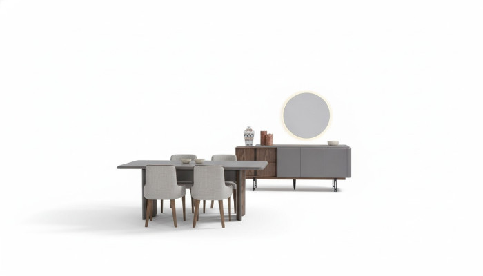 Set da pranzo composto da tavolo da pranzo 4 sedie e credenza con specchio 7 pezzi.