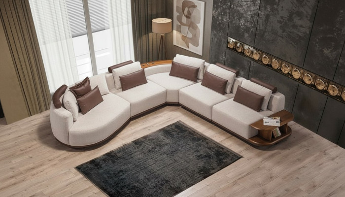 Divano ad angolo bianco per soggiorno di design, a forma di L, imbottito, con struttura in legno.