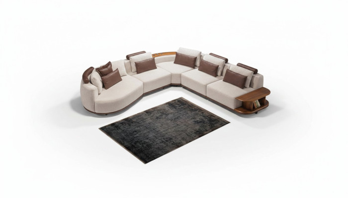 Divano ad angolo bianco per soggiorno di design, a forma di L, imbottito, con struttura in legno.