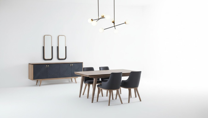Set da pranzo di lusso Tavolo da pranzo + 4 sedie + credenza con 2 specchi Nuovo