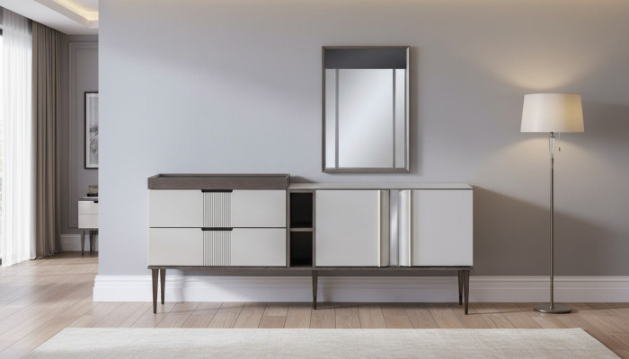Set da pranzo di lusso Exclusive con credenza e 2 specchi, novità.