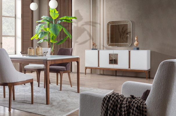 Set da pranzo di lusso Tavolo da pranzo 4 sedie Madia Specchio 7 pezzi Moderno