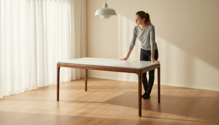 Esclusivo tavolo da pranzo di design moderno, mobili bianchi per sala da pranzo.