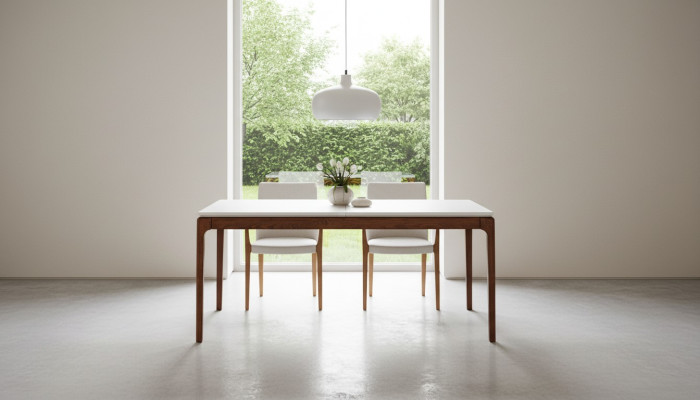 Esclusivo tavolo da pranzo di design moderno, mobili bianchi per sala da pranzo.