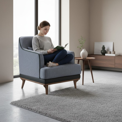 Poltrona moderna grigia per il soggiorno in tessuto design mobili seduta singola.