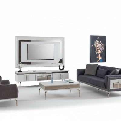 Set soggiorno design 4 pezzi. Divano imbottito, supporto TV, tavolino, tavolini.