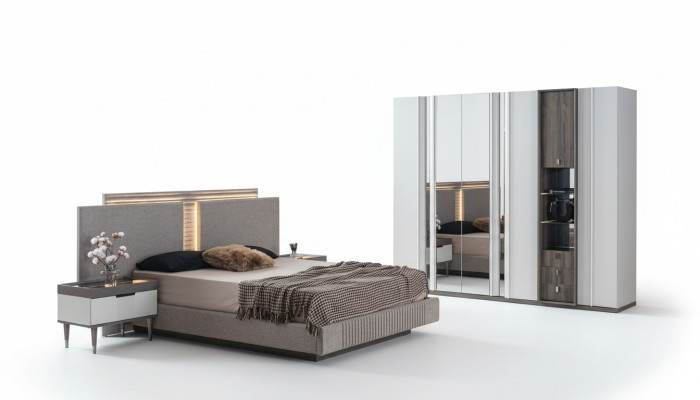 Set camera da letto Moderna Letto 2 comodini e armadio 4 pezzi Nuovo