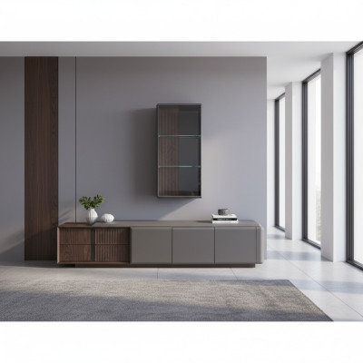 Soggiorno di design, mobile TV con esclusivo scaffale a parete 2 pezzi.