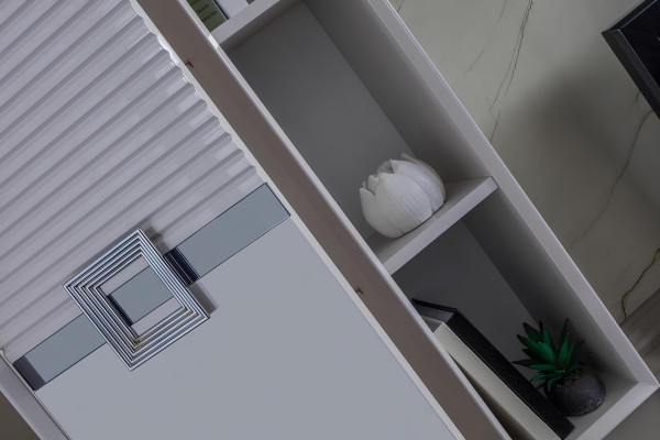 Moderno parete attrezzata soggiorno composta da 4 pezzi in bianco esclusivo.