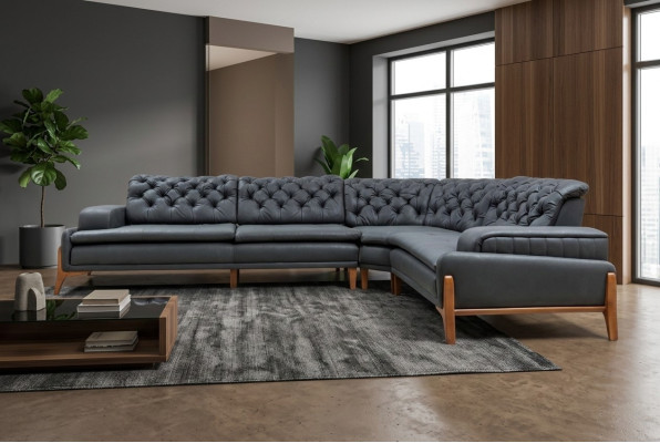 Divano ad angolo di lusso a forma di L con sistema audio moderno, grigio, imbottito in ecopelle.