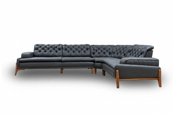 Divano ad angolo di lusso a forma di L con sistema audio moderno, grigio, imbottito in ecopelle.