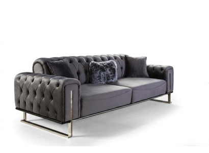 Divano Chesterfield di lusso a 3 posti in tessuto grigio.