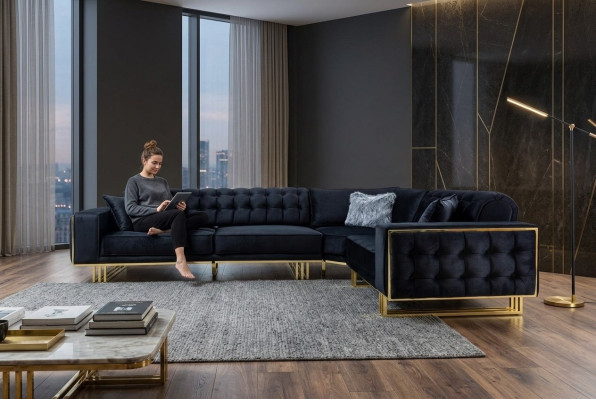Esclusivo divano ad angolo moderno a L in stile design, arredamento soggiorno angolare.