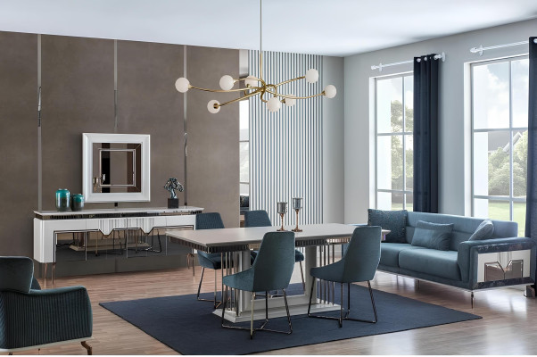 Set da pranzo di design composto da credenza a 2 ante, specchio e comodino color argento.