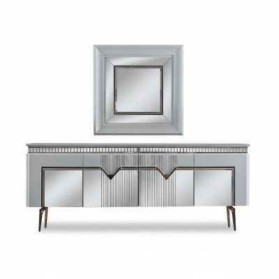 Set da pranzo di design composto da credenza a 2 ante, specchio e comodino color argento.
