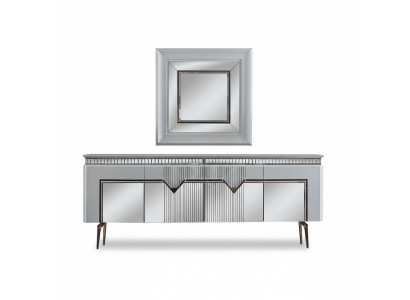 Set da pranzo di design composto da credenza a 2 ante, specchio e comodino color argento.