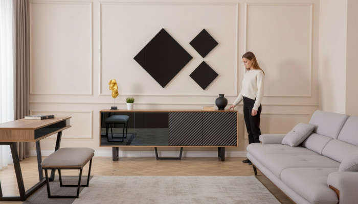 Designer Set da pranzo 4 pezzi con credenza e 3 specchi stile moderno nuovo