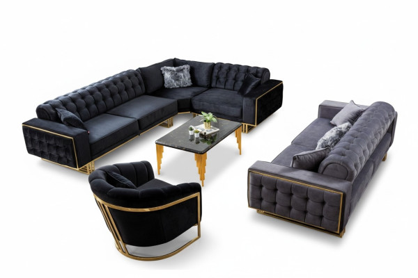 Set soggiorno designer 3 pezzi divano ad angolo a forma di L + poltrona 3 + 1 posti divano ad angolo di lusso