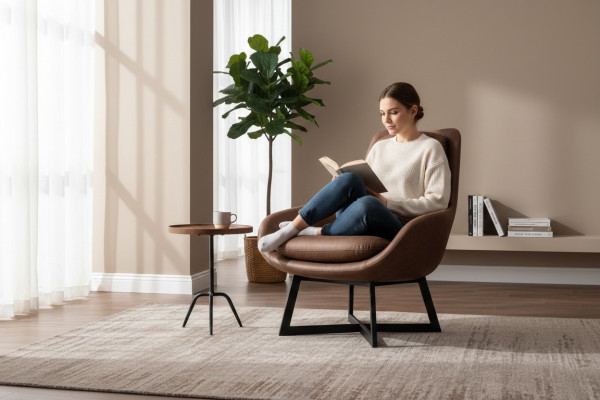 Poltrona design monoposto in ecopelle marrone.