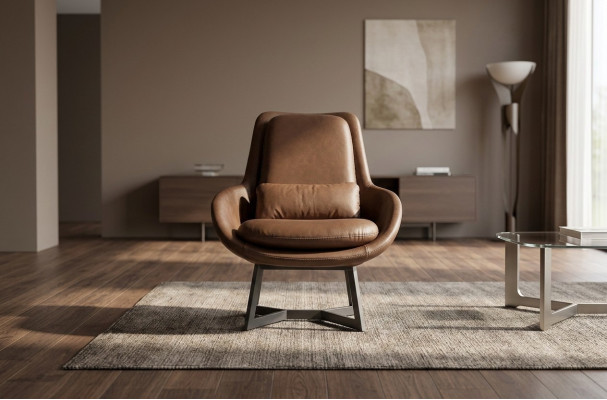 Poltrona design monoposto in ecopelle marrone.