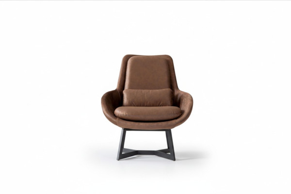 Poltrona design monoposto in ecopelle marrone.