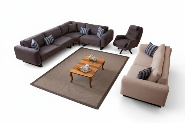 Set soggiorno design, divano ad angolo a forma di L, 3 posti, poltrona, 3 pezzi.