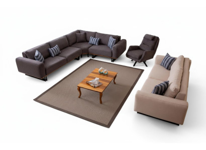Set soggiorno design, divano ad angolo a forma di L, 3 posti, poltrona, 3 pezzi.