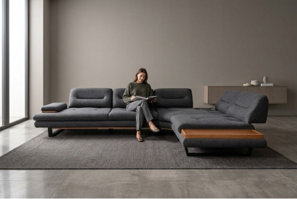Divano angolare design a L di lusso grigio, arredamento per soggiorno, zona giorno.