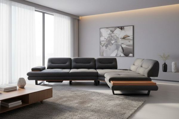 Divano angolare design a L di lusso grigio, arredamento per soggiorno, zona giorno.
