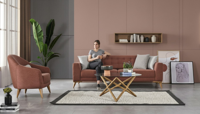 Set salotto rosa elegante, arredamento divano 3+1 posti poltrona sofà.