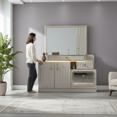 Comò di lusso con specchio Camera da letto arredamento stile bianco Mobiletto.